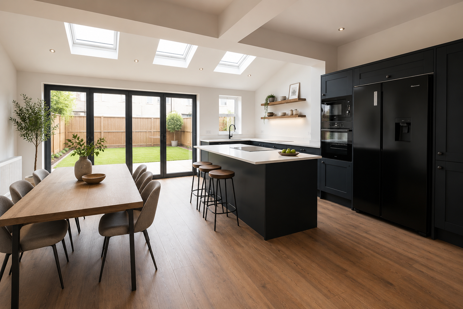 Open-plan kitchen and dining room with skylights